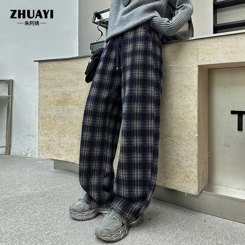 朱阿姨冬季新款加绒格子裤高腰显瘦直筒裤女洋气百搭韩版复古裤子