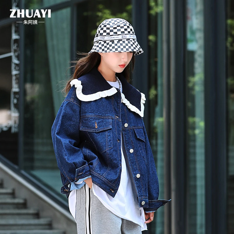 朱阿姨翻领花边牛仔外套女大童2023春秋复古宽松休闲上衣女孩学生
