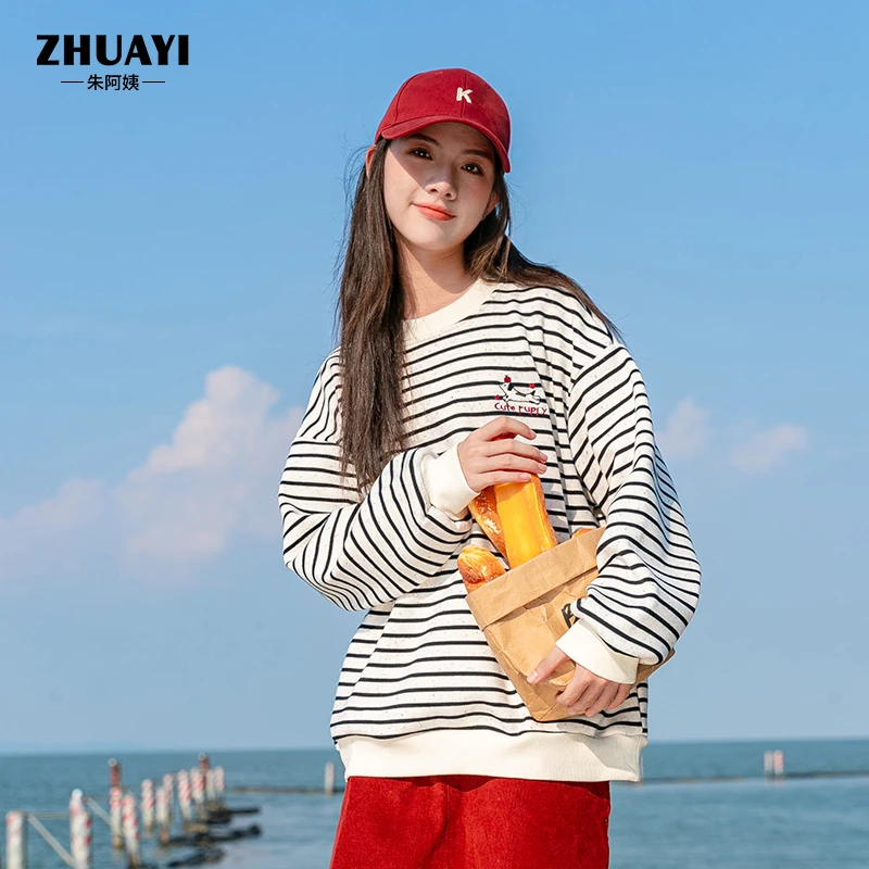 女大童加绒加厚卫衣2024秋冬新款圆领条纹卫衣宽松休闲套头上衣