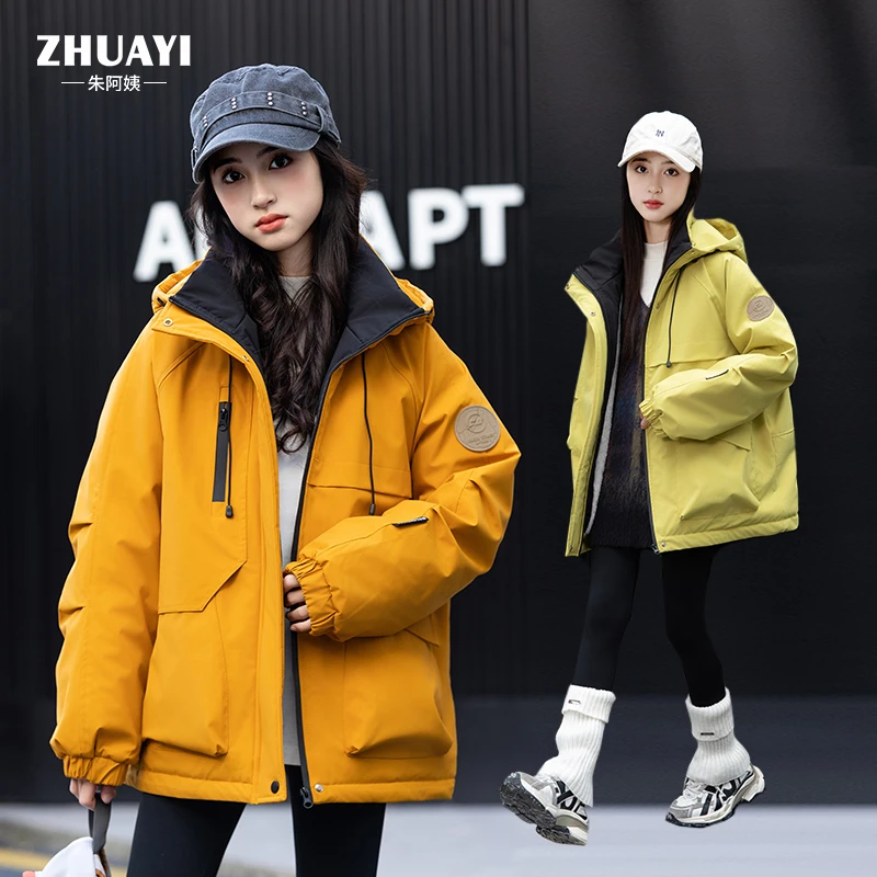 女款加绒保暖外套冬季新款大口袋连帽外套加绒防风保暖休闲冬装