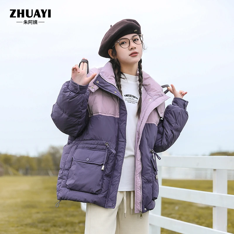 朱阿姨女童撞色羽绒服拼接加厚连帽外套中大童收腰保暖中长羽绒服