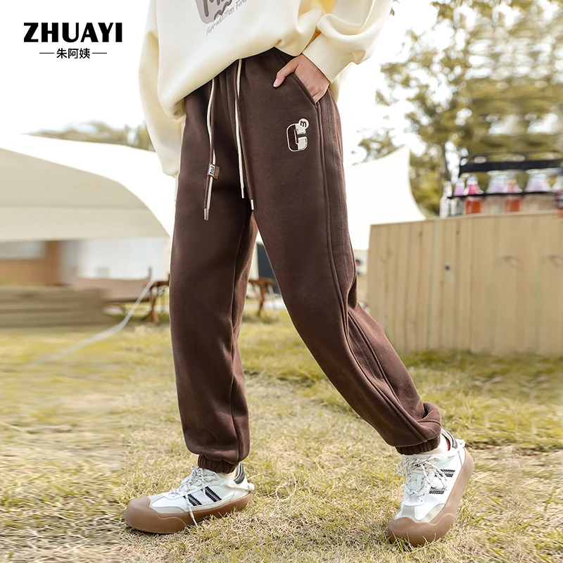 高腰垂感加绒运动裤女大童2023秋冬休闲宽松显瘦卫裤学生装潮ins