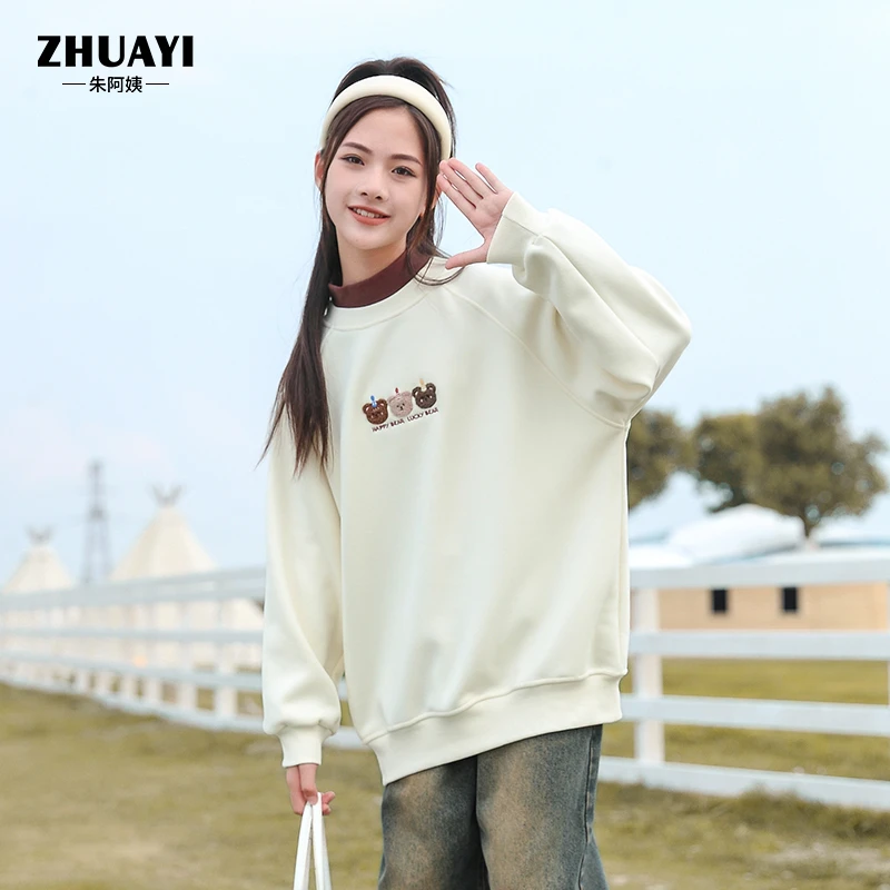 冬款女大童卫衣加绒保暖假两件领口卫衣洋气百搭套头学生长袖上衣