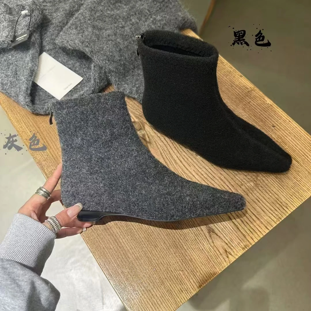 GUO 988-10 韩系小短靴高级毛呢ins风百搭尖头低跟瘦瘦靴