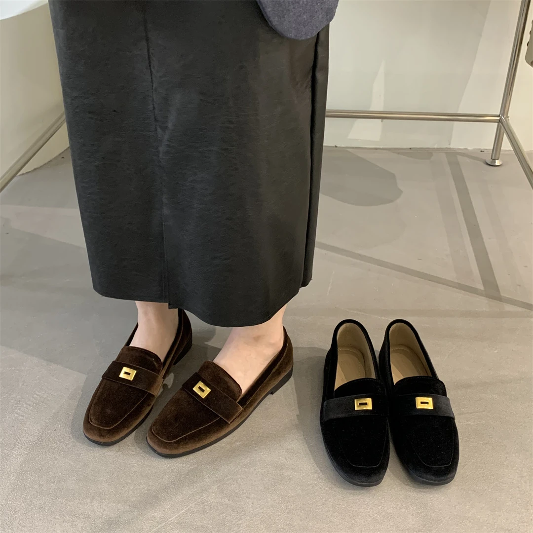 乐福鞋女丝绒2025春秋新款方头英伦风小皮鞋一脚蹬懒人复古单鞋子
