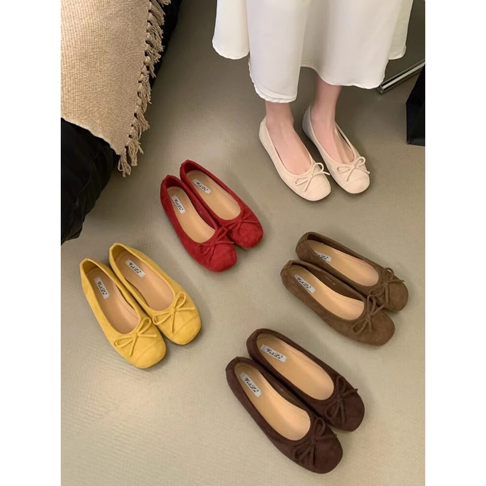 温柔平底圆头春秋2025年单鞋绒面浅口蝴蝶结芭蕾鞋