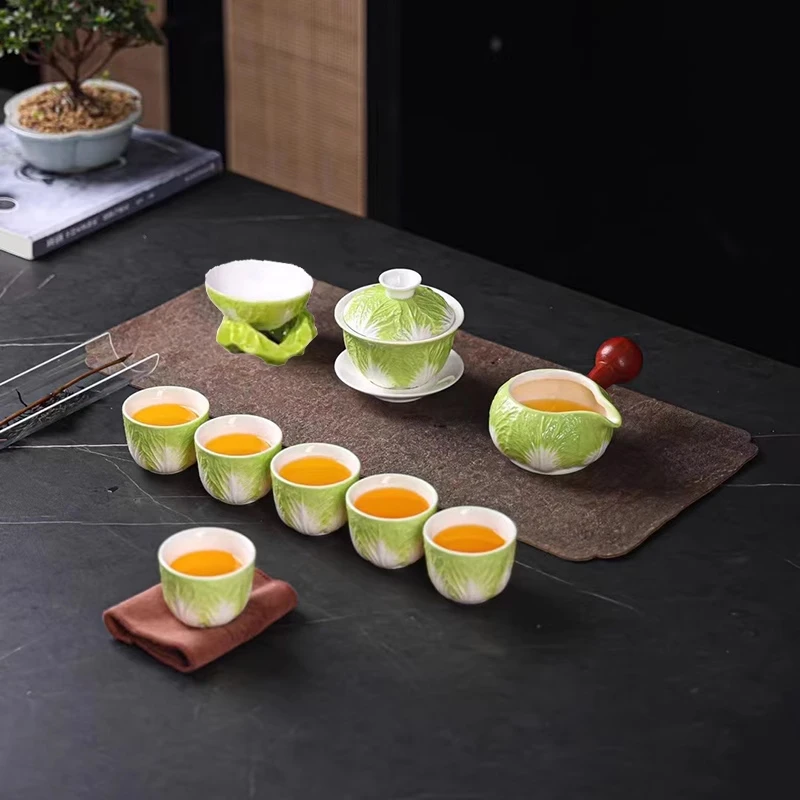 创意百财白菜浮雕茶具套装陶瓷功夫茶盖碗家用办公室泡茶高端送礼