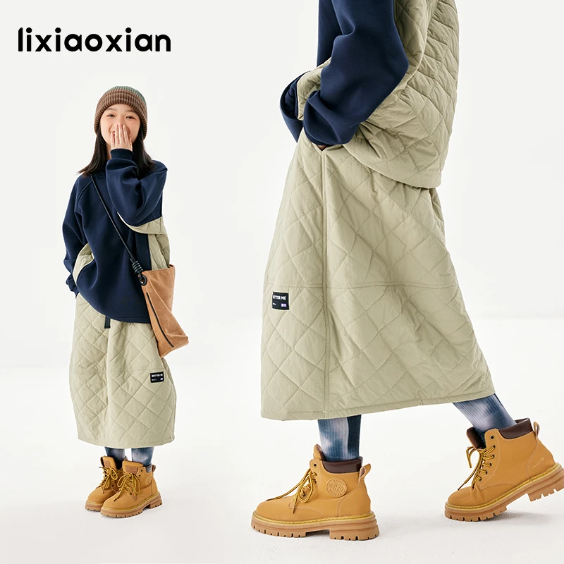 梨小闲女童绗棉户外感拼接半裙冬新款工装风菱格保暖女孩半裙