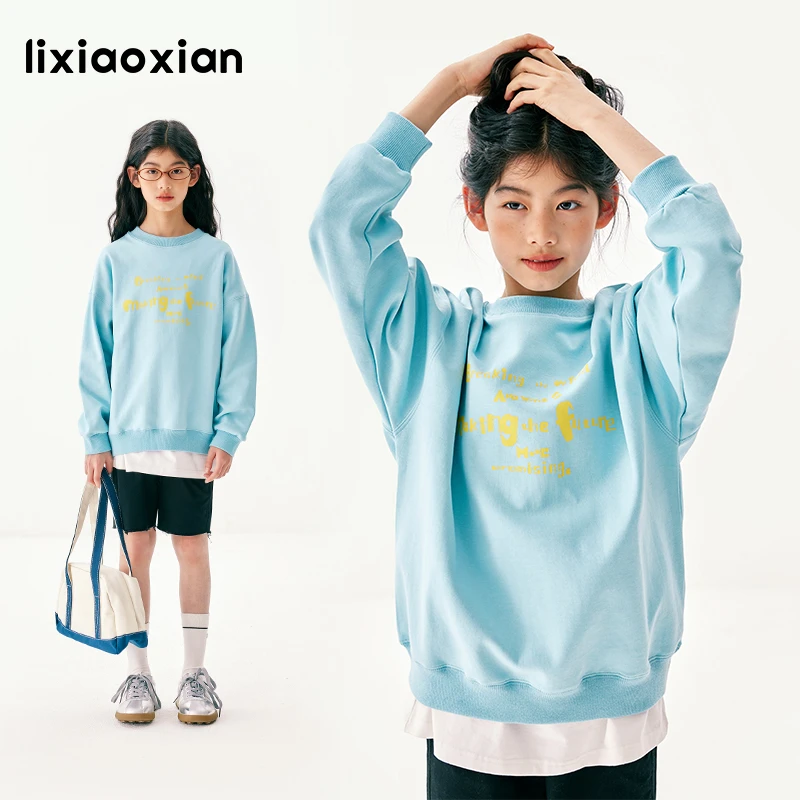 梨小闲女童宽松休闲字母卫衣2024春款中大童透气棉儿童浅蓝上衣