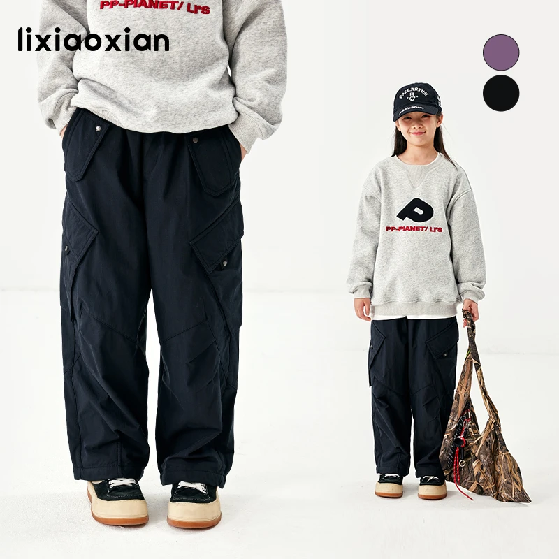 梨小闲儿童冬季新款大口袋工装裤女孩保暖裤中大童加绒休闲裤