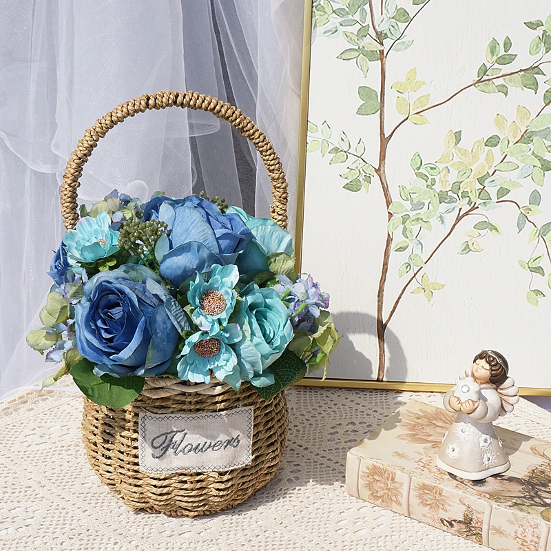 【花间拾彩】仿真欧式油画玫瑰花篮 假花家居装饰摆放花艺
