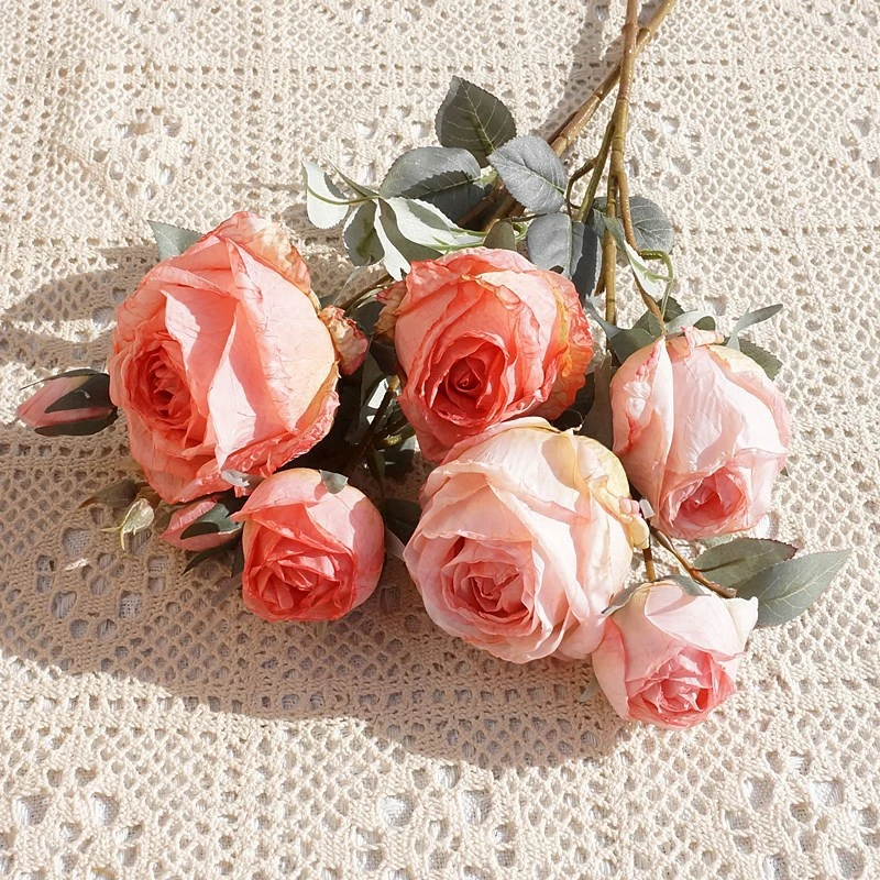 【花间拾彩】单枝焦边美式田园情谊玫瑰 仿真花假花家居摆放花卉