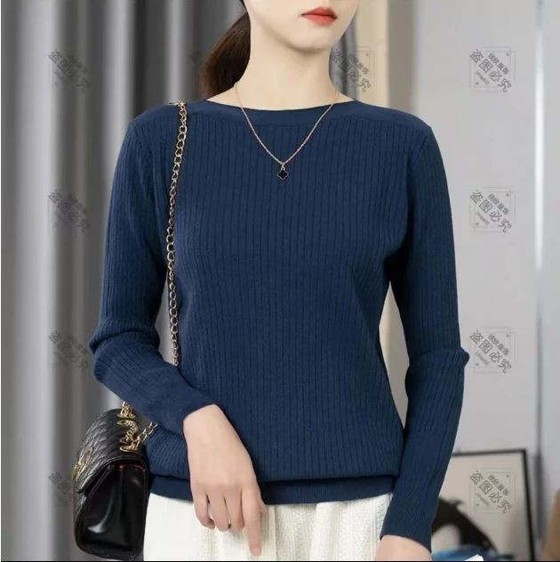 秋冬新款网红一字领女士长袖针织衫显瘦百搭时尚纯色套头打底毛衣
