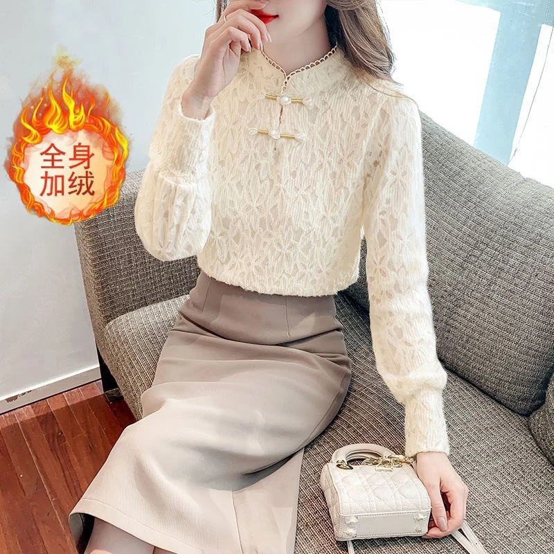 （唯衣美衣）加绒加厚蕾丝打底衫女花边显瘦收腰高档洋气内搭上衣