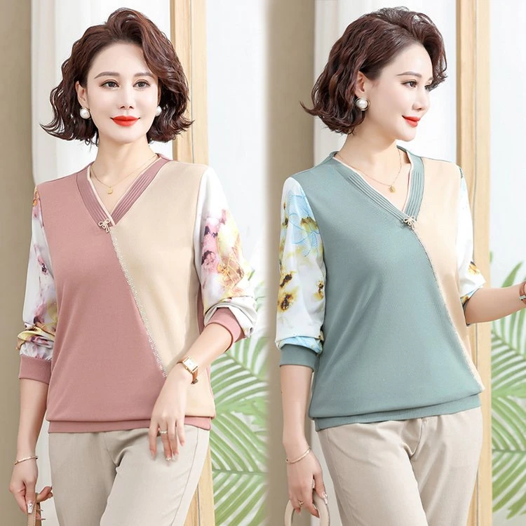 秋季新款妈妈装镶钻印花V领打底衫中老年女春秋款洋气拼接上衣T恤