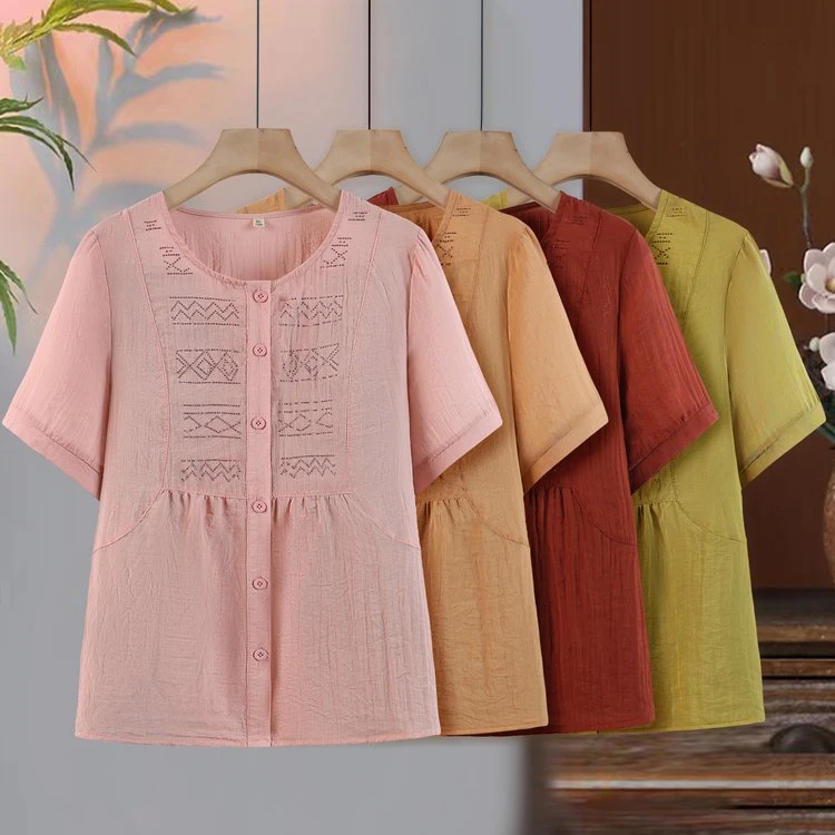 2024新款中老年短袖宽松显瘦时尚休闲百搭烫钻遮肚妈妈装宽松上衣