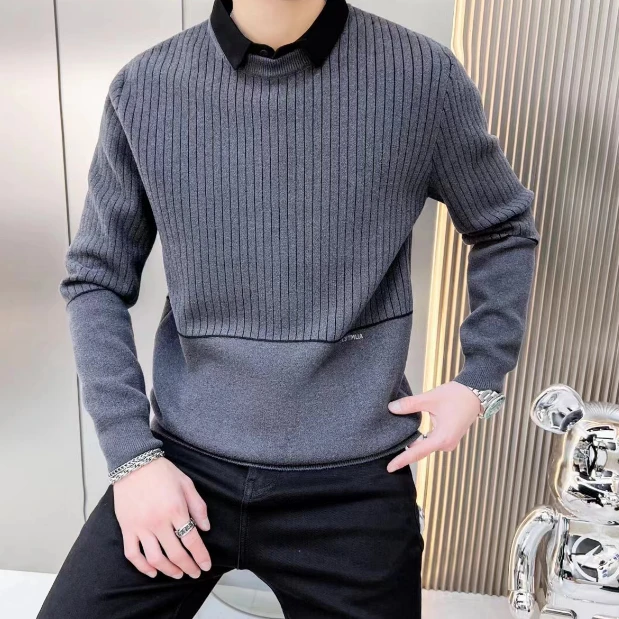 【6757】潮牌男士衬衫领毛衣 假两件休闲秋冬保暖厚实不起球