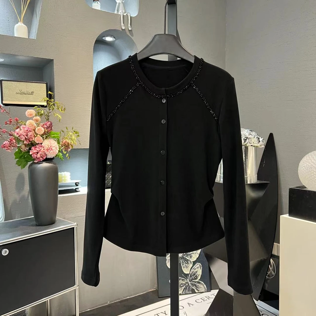 2025年春季新款钉珠气质时尚百搭纯色长袖开衫1122