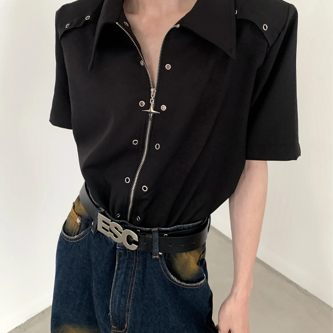2024年小众金属解构设计感垫肩衬衫男高级感ins宽松拉链短袖衬衣
