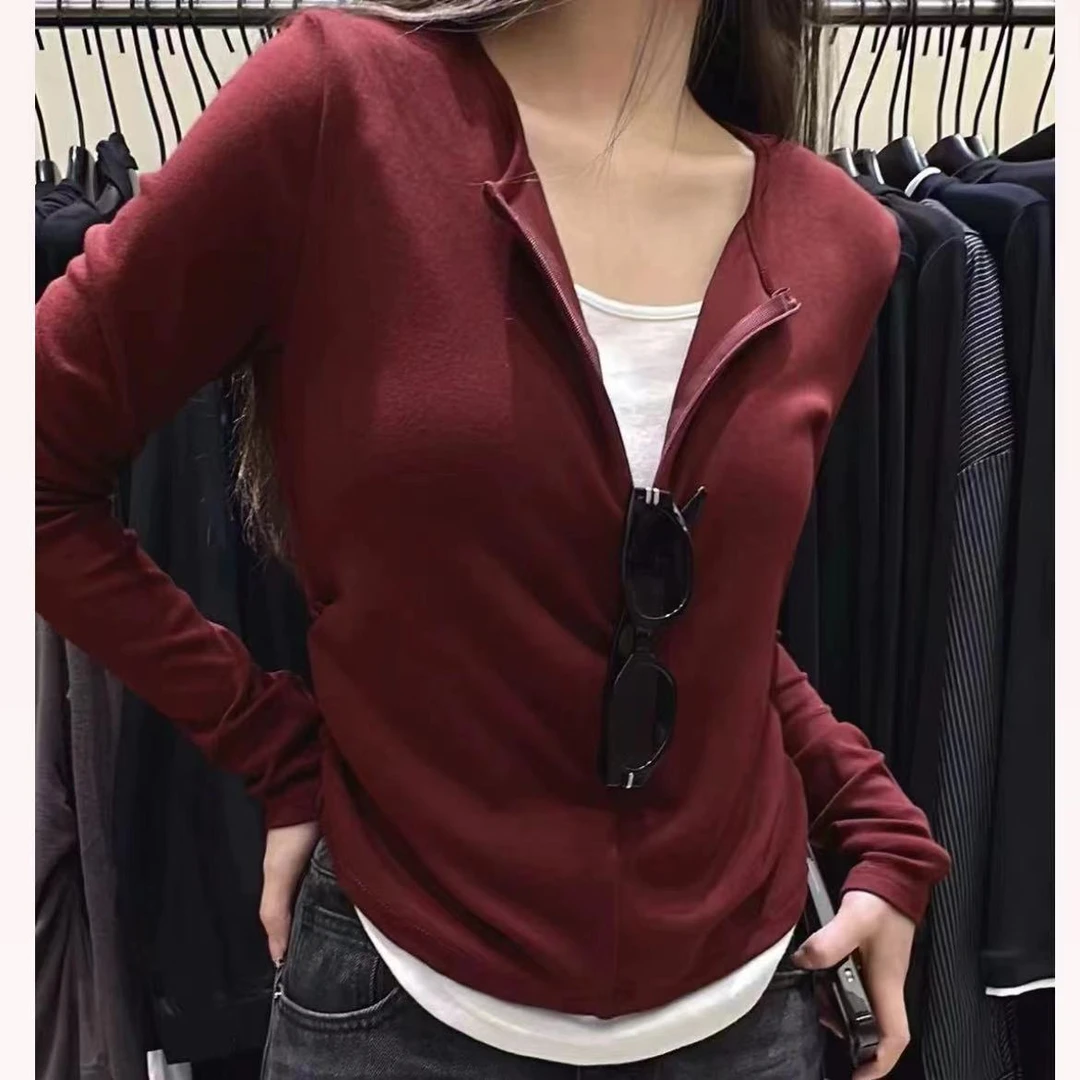 半拉链长袖假两件百搭打底衫（衣长60左右）