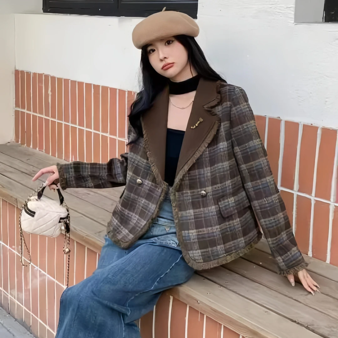 线下699！ A29303  短款气质时尚休闲格子显瘦百搭外套秋冬新款