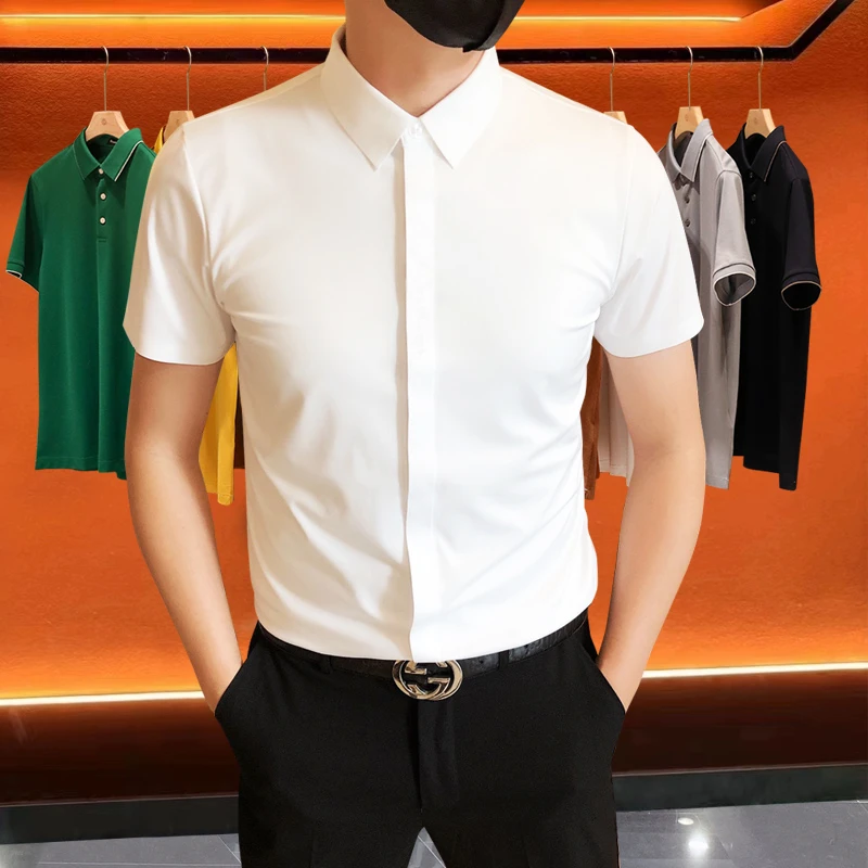 高端轻奢欧货潮男士夏季短袖白衬衫冰丝薄款弹力修身商务免烫抗皱