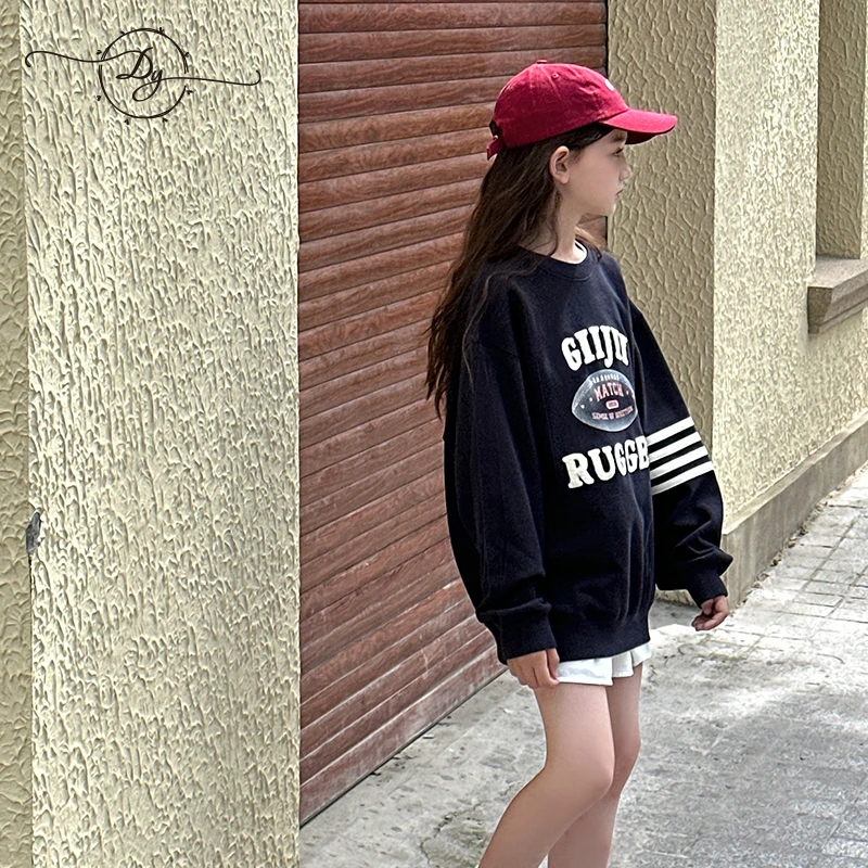 小叮尤尤女童卫衣2024春秋新款中大童立体字母刺绣儿童圆领上衣