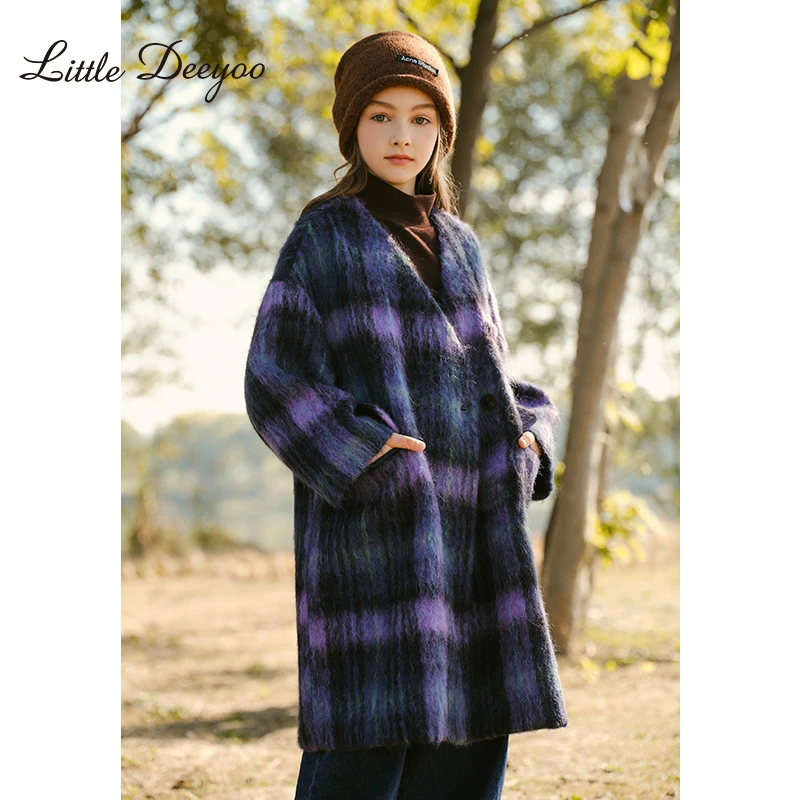 女童中长款英伦风呢大衣2023冬季新款大儿童气质v领格子毛呢外套