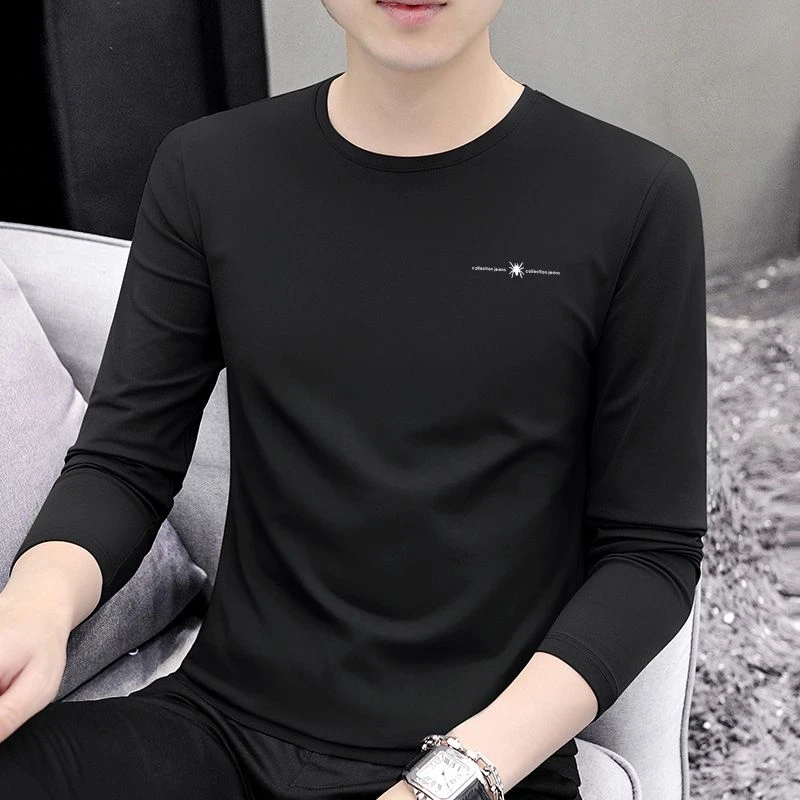 长袖T恤男潮流印花体恤2024新款秋冬帅气打底衫黑色圆领上衣秋衣
