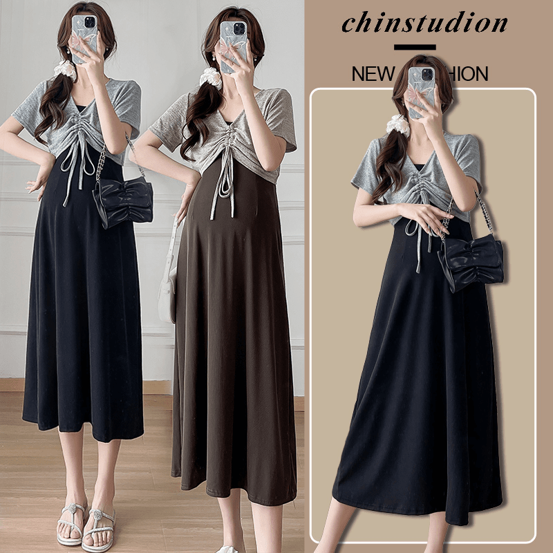 梦梦家~夏季时尚孕妇装新款韩版吊带两件套弹力修身连衣裙套装女