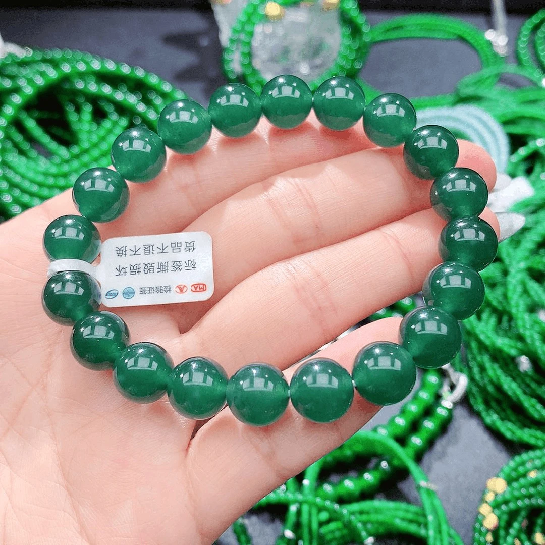 天然A货翡翠满色冰种海蓝之谜钢板翡翠圆珠手串弹力卡10mm约20cm