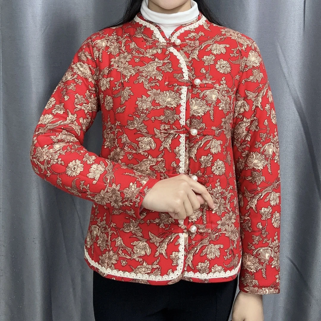 偏襟珍珠扣复古民族风驼绒棉小花袄民族风棉袄中国风加厚保暖冬季