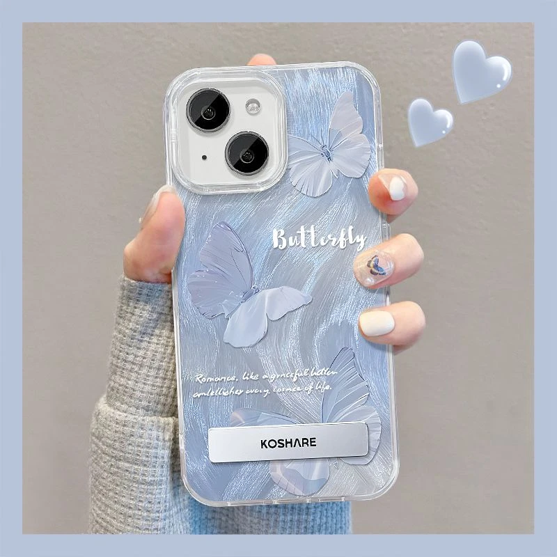 苹果15手机壳iPhone14promax蓝色蝴蝶支架13女11羽纱壳12新xrxs78