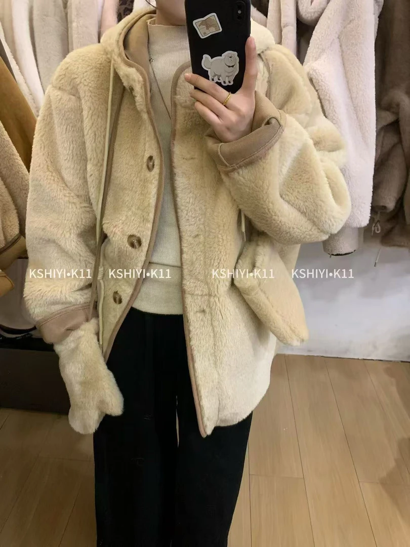 韩系中长款连帽保暖外套女2024冬季新款皮毛一体上衣