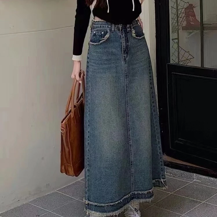牛仔半身裙春季复古高腰中长款大码胖mm梨型身材裙子女小众设计感