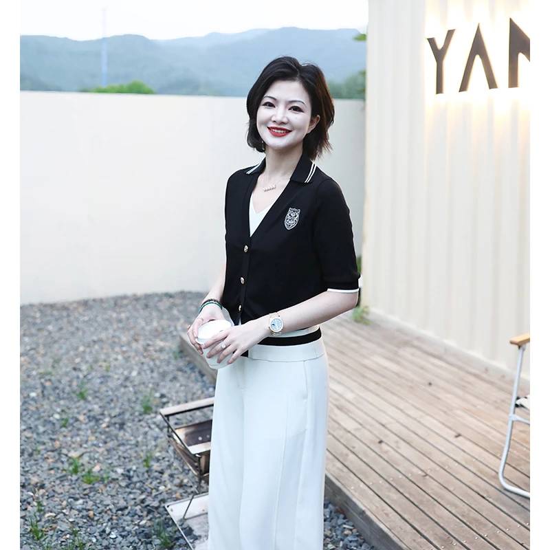 枫竺阿楠anan 学院风假两件撞色翻领针织开衫短袖女洋气薄款上衣