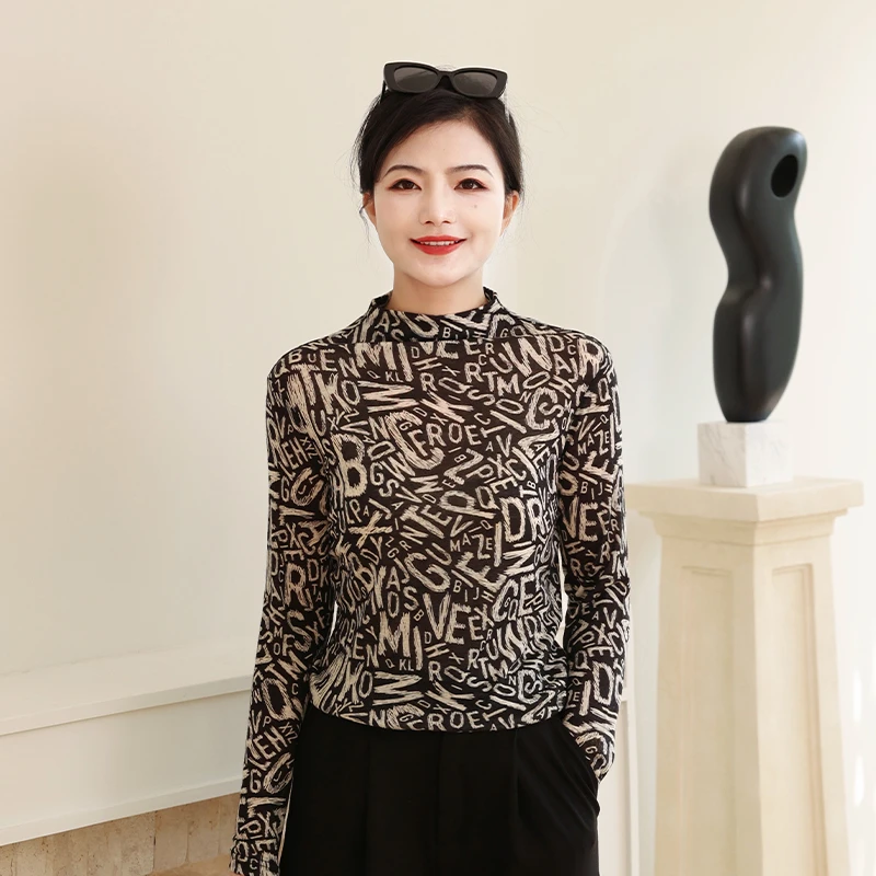 枫竺女装阿楠anan 风格焦点 100绵羊毛字母印花半高领打底衫女秋