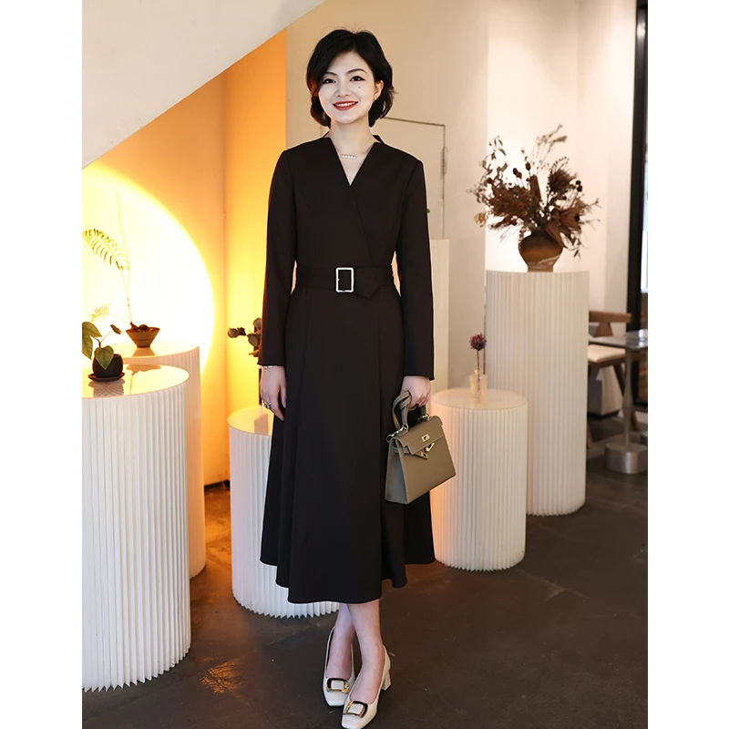 枫竺高端女装阿楠anan 品味彰显 V领长袖连衣裙显瘦A字裙秋