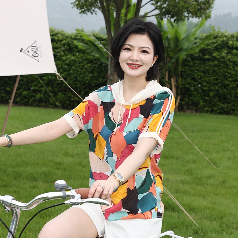 枫竺女装阿楠anan罗马假日100桑蚕丝印花真丝连帽短袖休闲T恤小衫