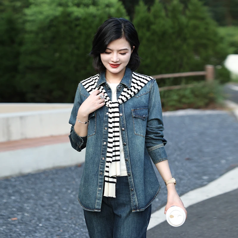 枫竺阿楠anan 蓝调丹宁 纯棉休闲干练翻领水洗长袖牛仔衬衣外套女