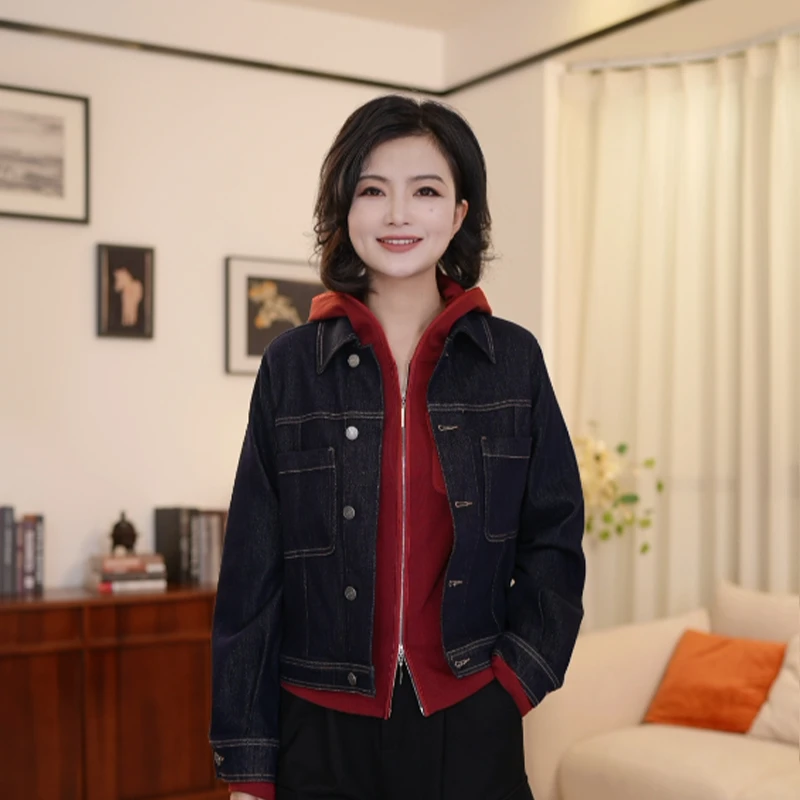 枫竺高端女装阿楠anan 气质百搭翻领单排扣明线立体牛仔外套女秋