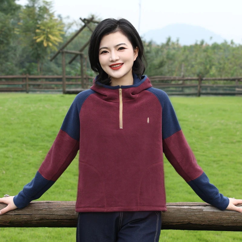 枫竺阿楠anan 闲日欢歌 摇粒绒半拉链拼色长袖连帽保暖卫衣女秋冬