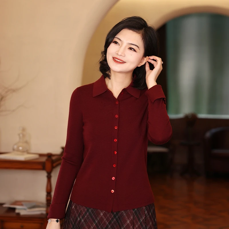 枫竺阿楠anan 美丽诺言 100绵羊毛翻领单排扣长袖内搭衬衫女秋冬