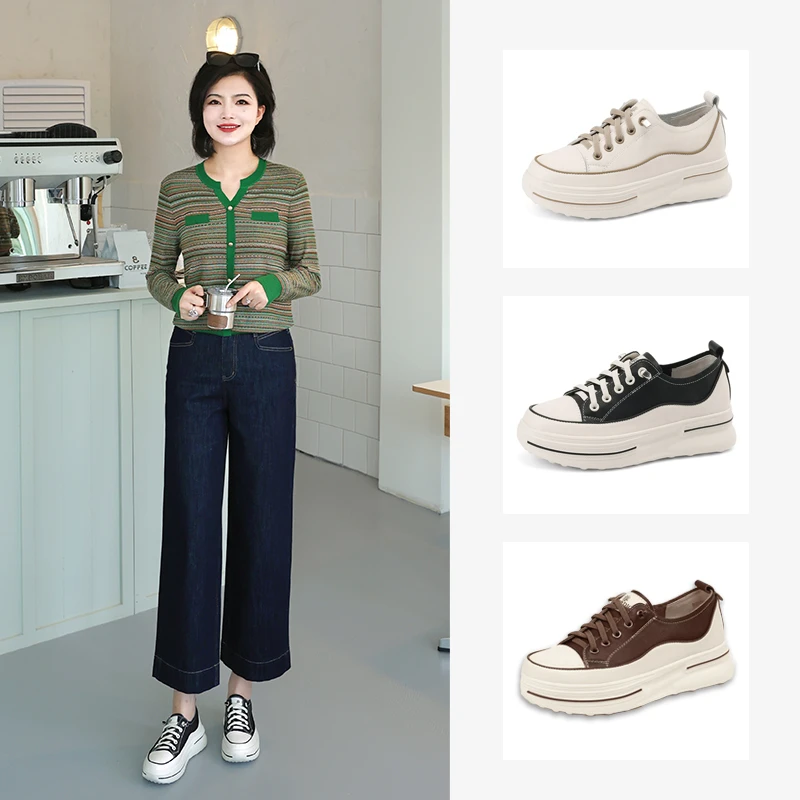 【阿楠anan】头层牛皮厚底板鞋女松糕跟免系带女鞋783008