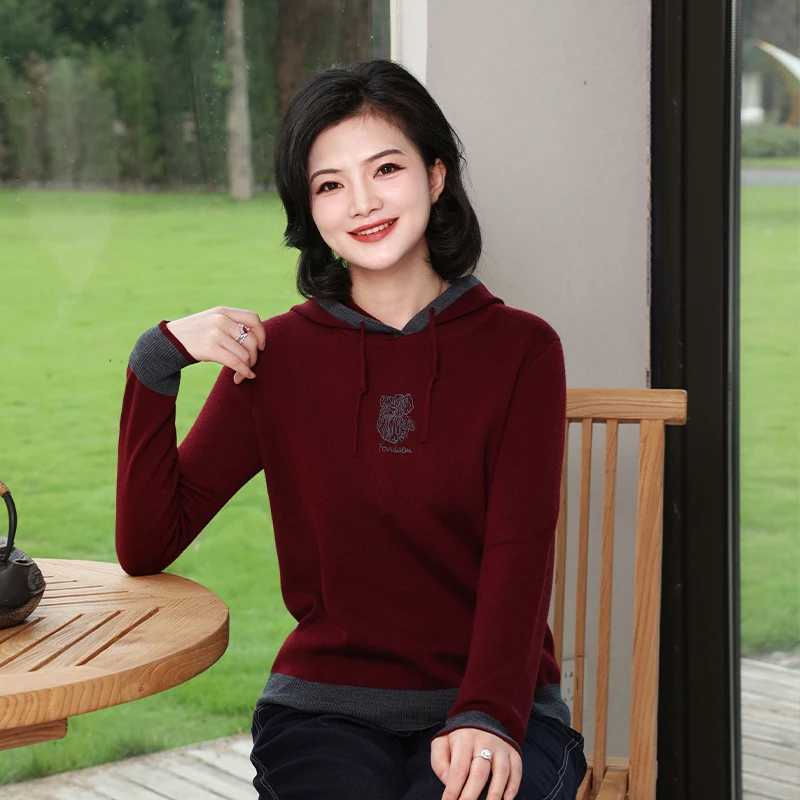 枫竺阿楠anan 惊鸿一瞥100绵羊毛拼接撞色刺绣套头连帽卫衣女秋冬