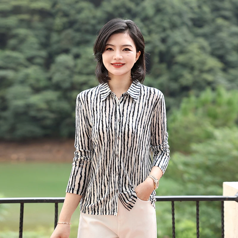 枫竺阿楠anan 智性之美 100绵羊毛弹力针织条纹单排扣翻领衬衫秋