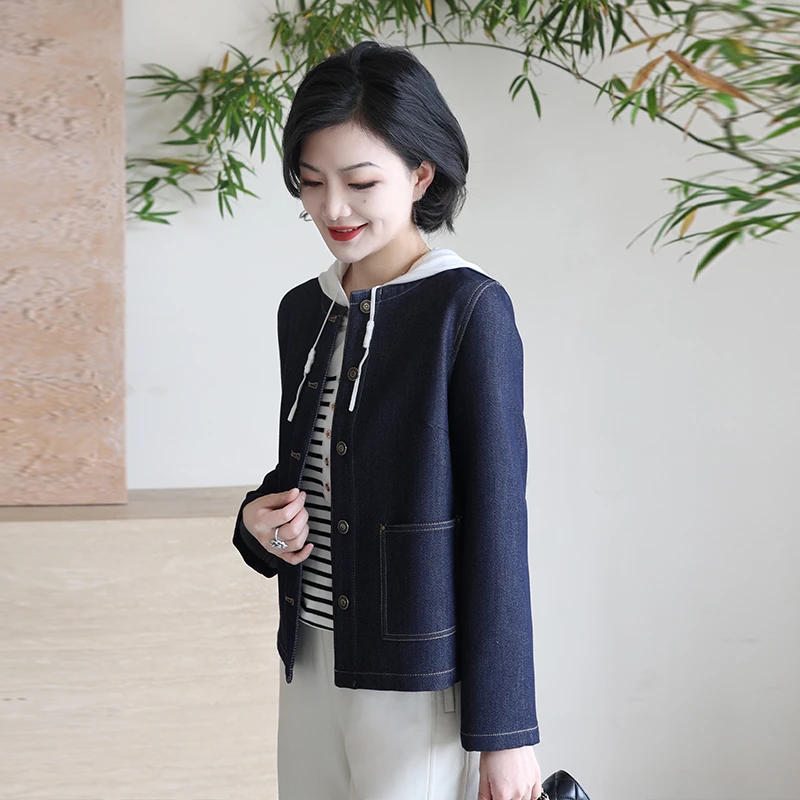 枫竺阿楠anan 邂逅优雅 时尚洋气圆领双口袋牛仔色短款外套女春秋