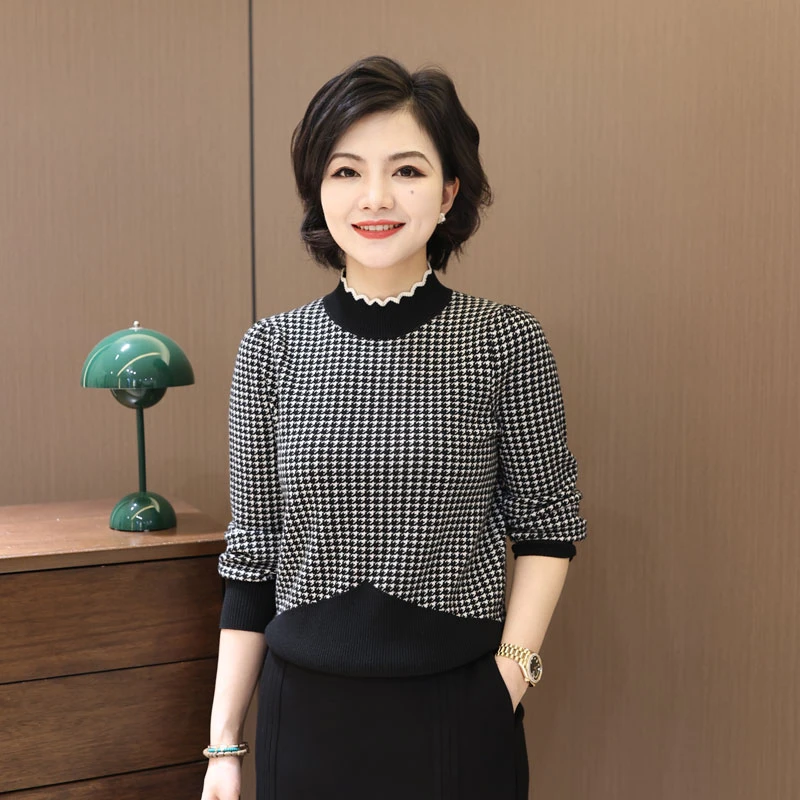 枫竺高端女装阿楠anan秋冬千鸟格热力感半高花边领针织衫打底毛衣