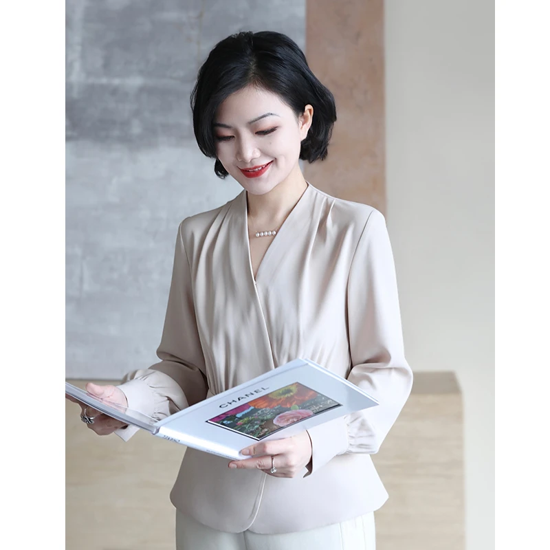 枫竺高端女装阿楠anan 优雅教科书气质纯色V领收腰长袖衬衫衬衣女