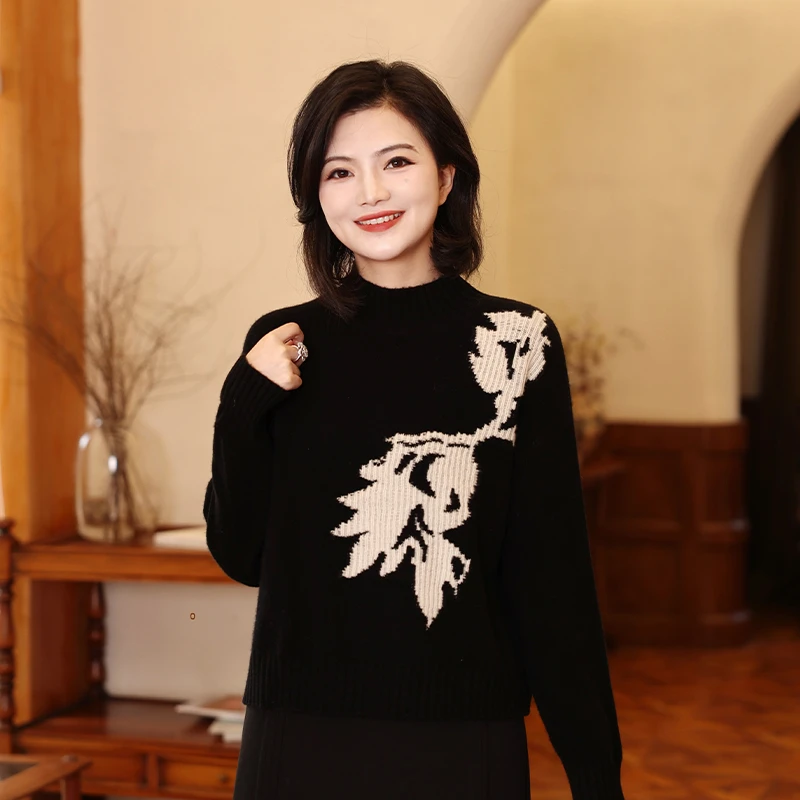 阿楠anan 花间与共 100绵羊毛软糯黑白花套头毛衣内搭打底衫女冬